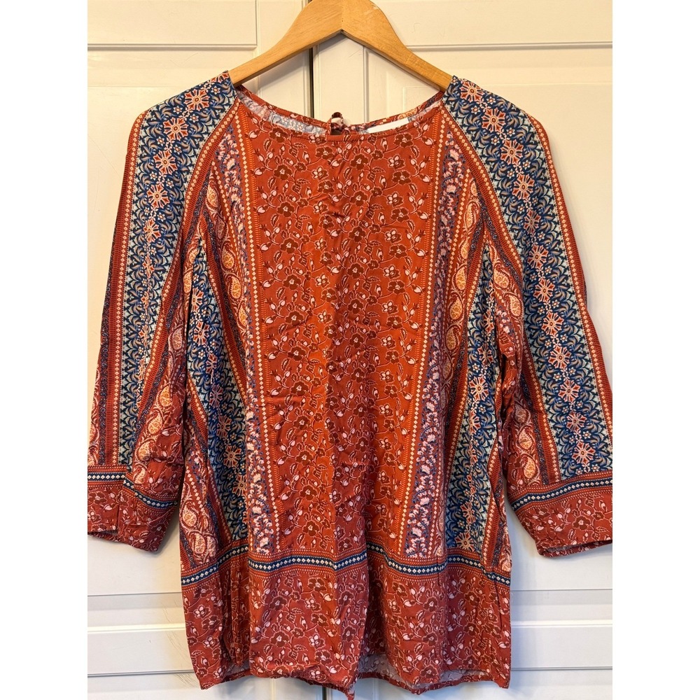 J. Jill Womens Small Rust Orange Floral Paisley 3/4 Sleeve Boho Keyhole Top